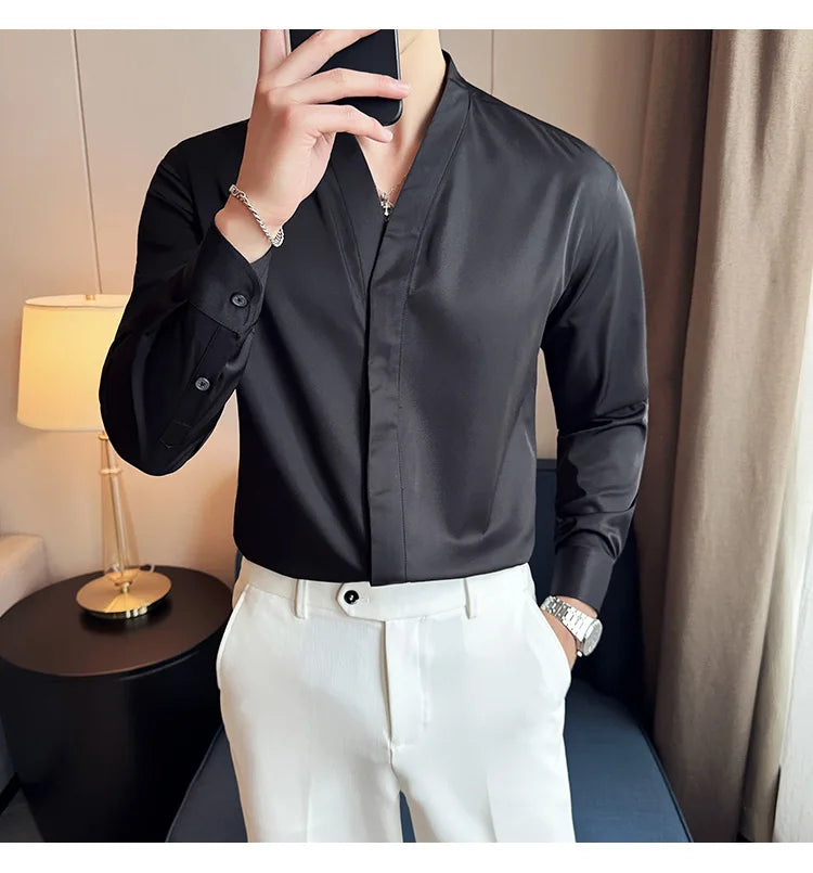 High Quality Collarless Shirts Men Fashion Slim Fit Long Sleeve Casual Shirts Business Office Social Formal Shirt Men Clothig
