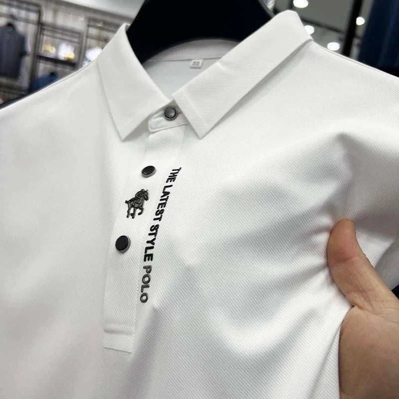 High end brand short sleeve polo shirt men's 2025 summer new trend embossed design casual ice silk breathable lapel Paul T-shirt