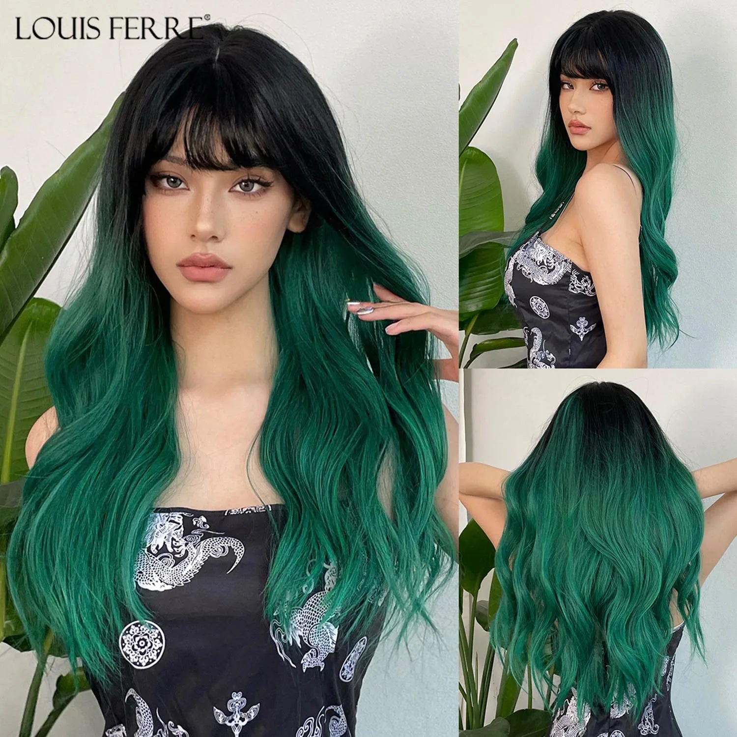 LOUIS FERRE Brown Blonde Highlights Wigs For Women Daily Long Wavy Curly Synthetic Wigs Natural Heat Resistant Hair With Bangs