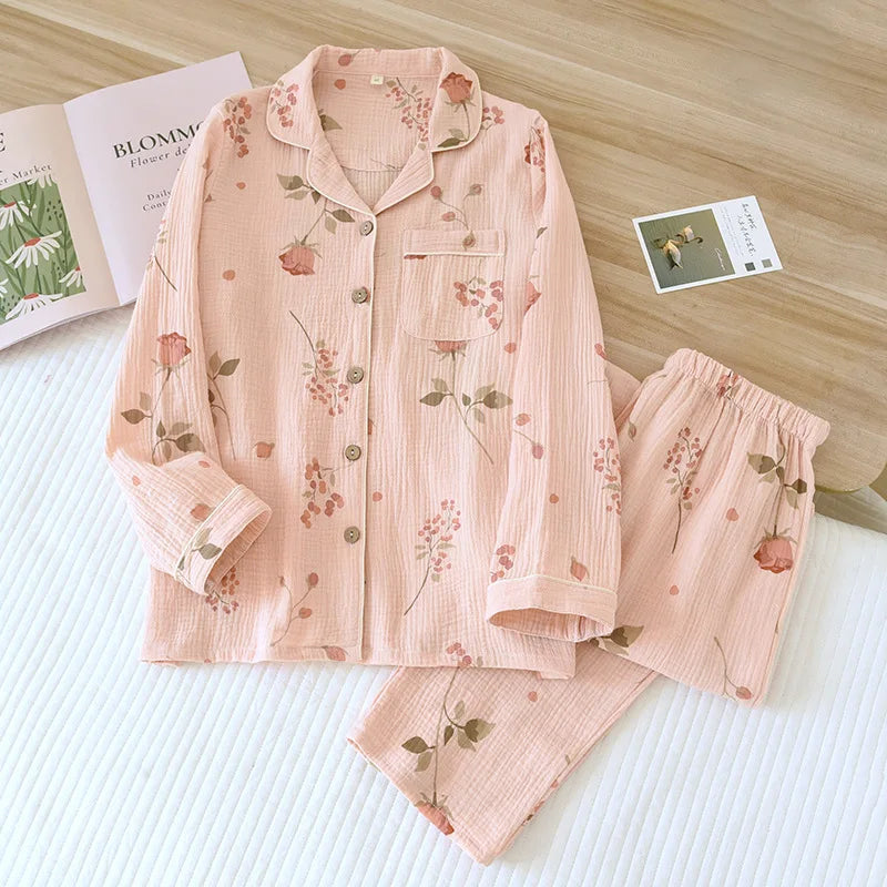 2026 Japanese New Spring and Autumn Women's Pajama Set 100% Cotton Gauze Long Sleeve Casual Home Clothes Two Piece Set