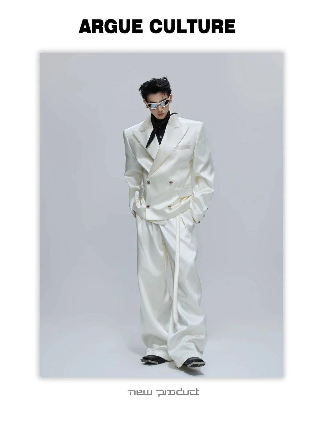 FEWQ Niche Design Men's Suit Sets Lapel Double Breatsed Silhouette Glossy Blazers Wide Leg Belt Chc Button Male Trousers 24K6098