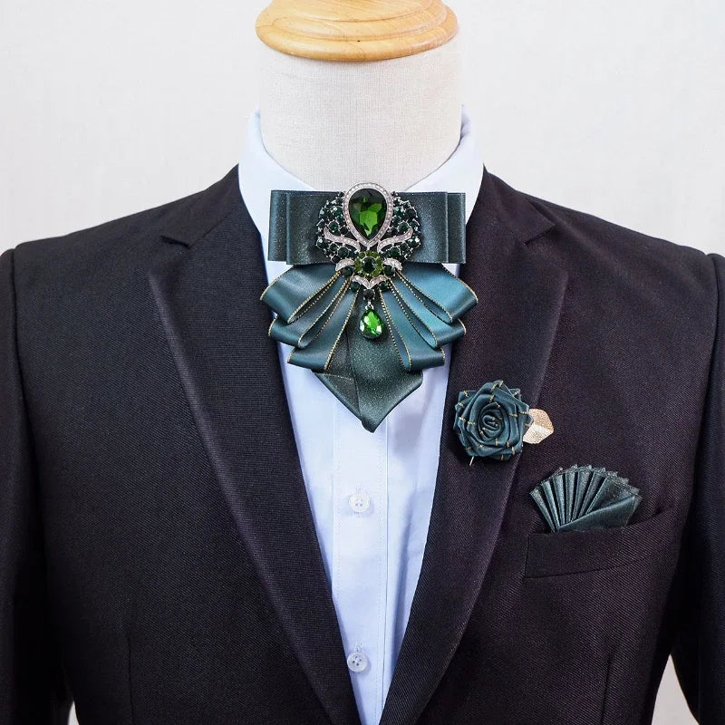 Vintage British Banquet Suit Shirt Collar Flowers Luxury French Men's Jewelry Bow Chest Clip 3-piece Set Wedding Bows Brooch Set