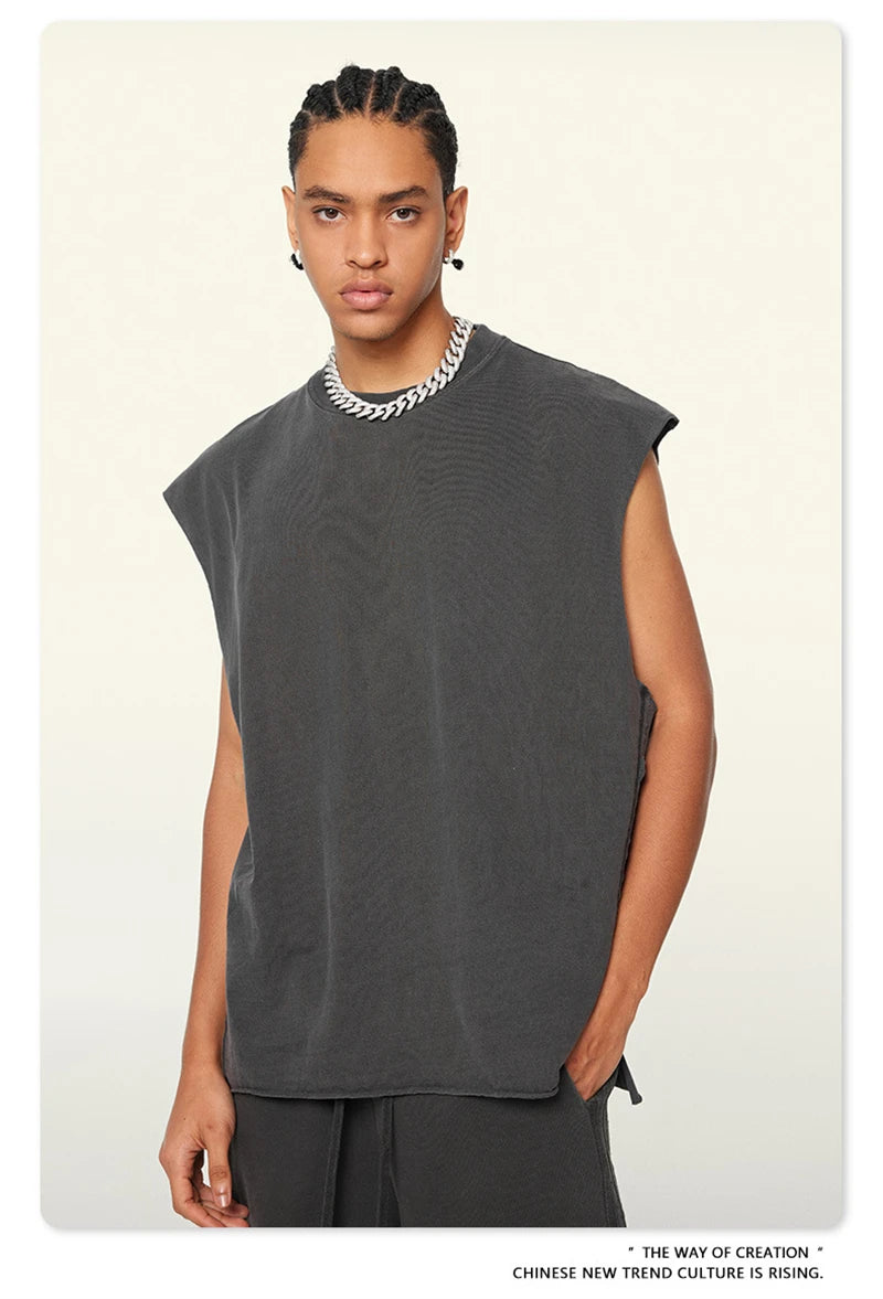 ZODF Vintage 2024 Washed 270gsm Cotton Tank Tops For Men Unisex Summer Relax Fit Slit Sleeveless Vest Streetwears HY0777