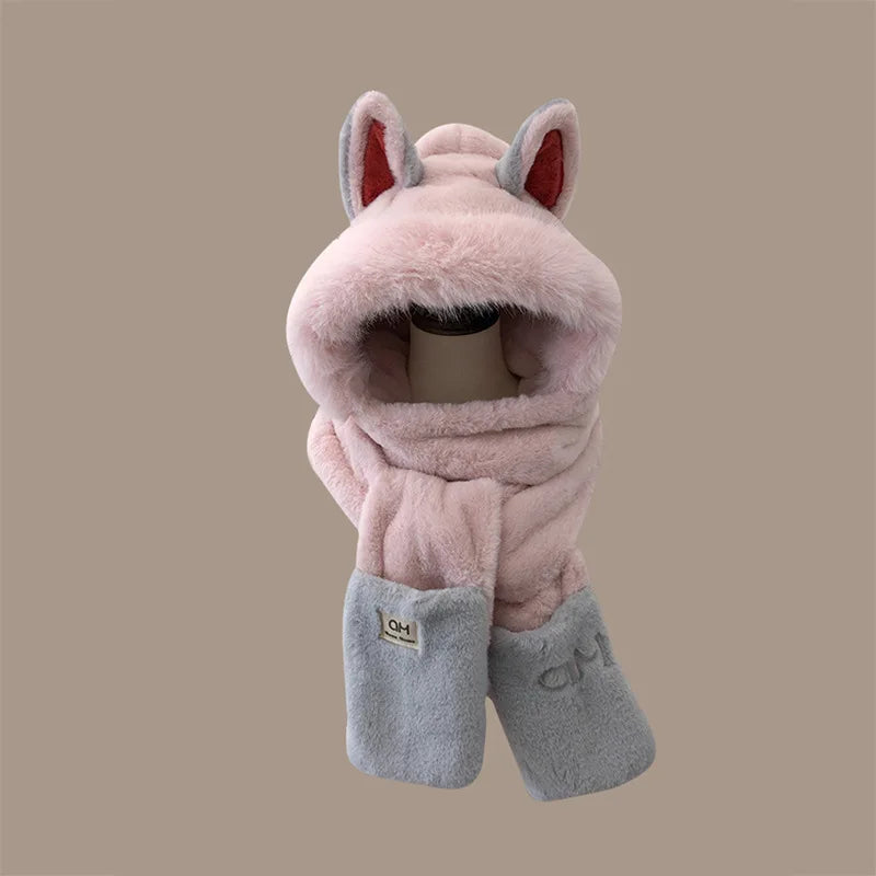 Winter new outdoor fox warm ear protection scarf, furry and fashionable one-piece plush hat