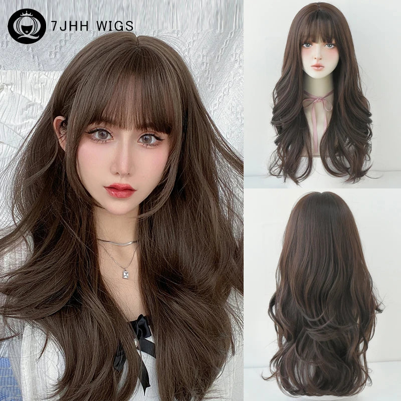 7JHH WIGS Loose Body Wavy Brown Hair Wigs with Neat Bangs High Density Synthetic Fashion Wave Wig for Women Natural Looking