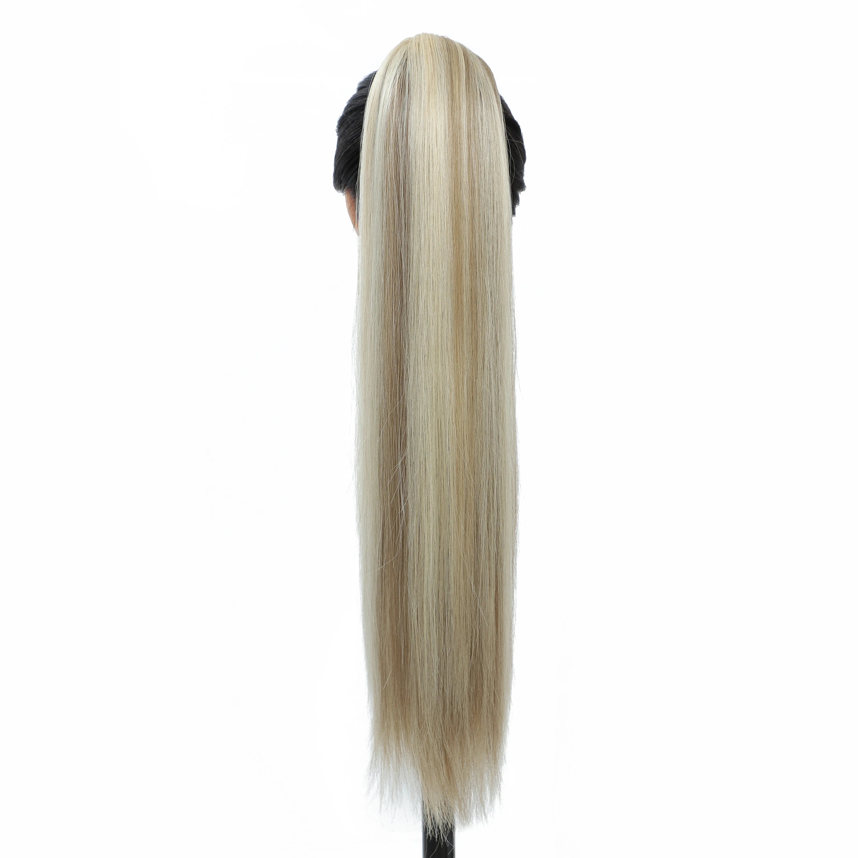 28Inch Straight Ponytail Blond Highlight 12/613 Ombre Brown Hair Extension With Clip 180Gram High Temperature Bio Synthetic Hair