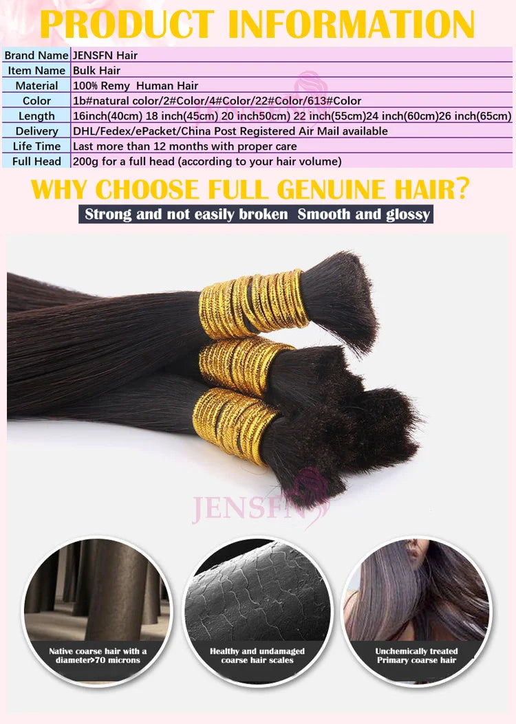 JENSFN  Bulk Hair Extensions Human Hair Straight  16"-26" Inch 50g/Strand  #613 60  Brown Blonde Color Hair Salon Supplies