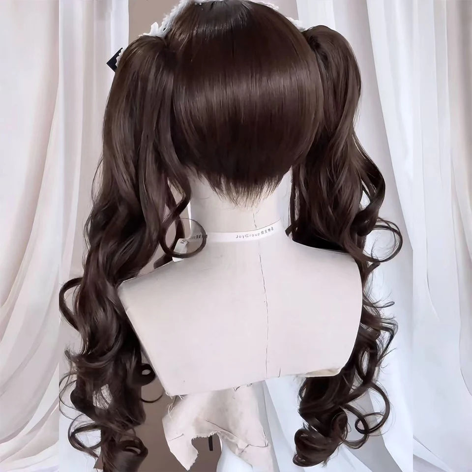 AOSI Synthetic Long Curly Wig Double Ponytail Cute Lolita Women Wigs Halloween Cosplay Style Blonde Brown Party Wig