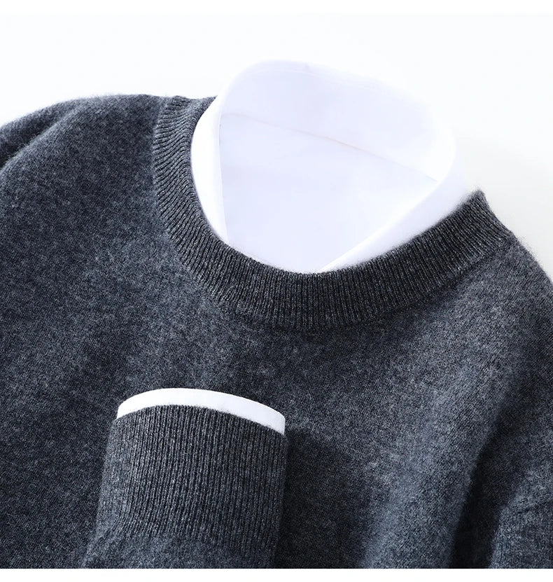 Autumn/Winter Men's 100% Pure Cashmere Pullover Business Casual Solid Knitted Sweater Loose Round Neck Tops Thick Warm Jumper