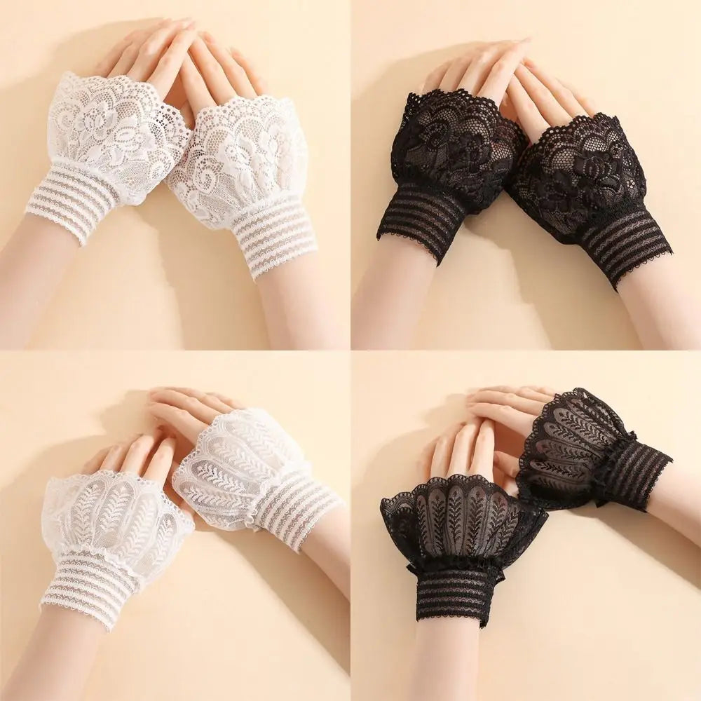 1 Pair Versatile Elegant Fake Cuffs Embroidery Pattern Detachable Lace Sleeves Solid Color Thin False Cuffs For Women