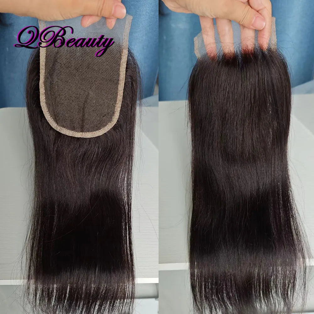 4x4 Lace Closure 100% Human Hair Pre-plucked Transparent Lace Free Part 22 inch Color 1B Black Straight Soft Indian Hair QBeauty