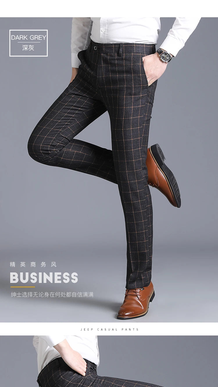 2025 New Burgundy Navy Plaid Casual Suit Pants for Men, Beige/Blue Vertical Stripe Non-Iron Slim Small Leg Work Trousers Men