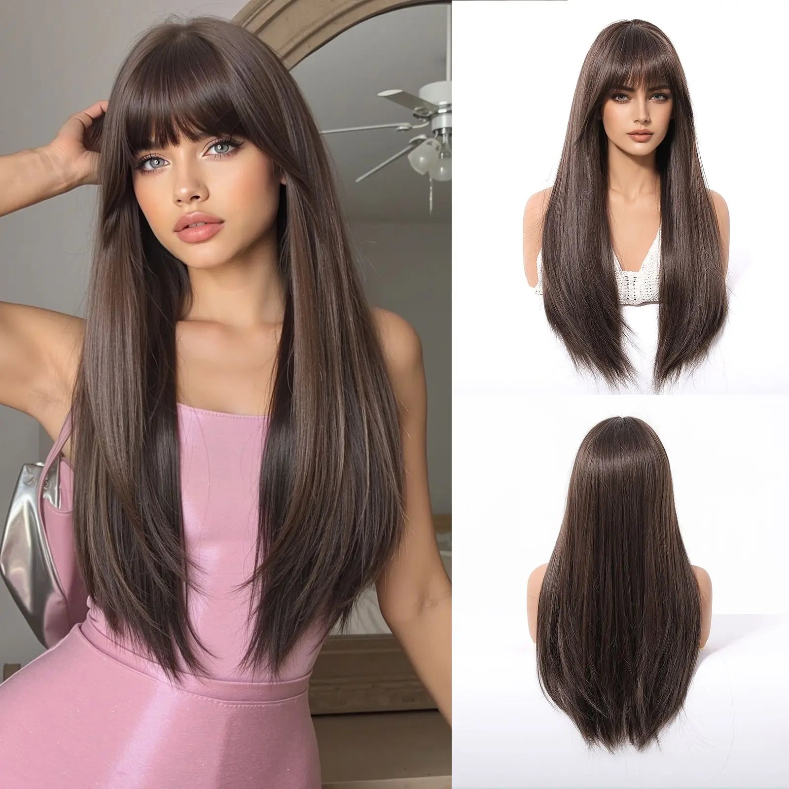 EASIHAIR Brown Straight Layered Wigs for Women Long Natural Hair Synthetic Wigs With Bangs Daily Use Party Heat Resistant Wigs