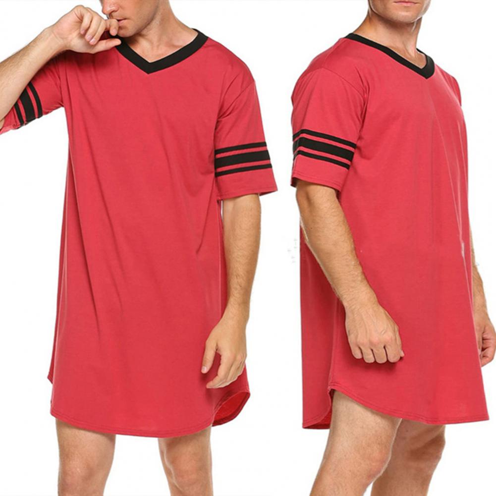 Men Summer Top Color Matching Men Loungewear Long Style Short Sleeve V Neck Home Clothes Striped Print Sleeping Clothes For Men