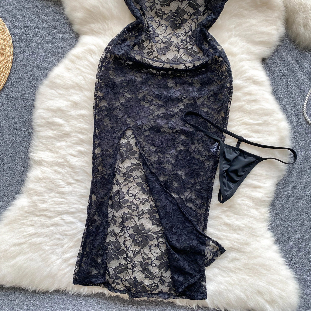 SINGREINY Summer France Sensual Night Dress Erotic Hollow Out Camis Lingerie Nightwear Women Split Slim Sheer Lace Pajamas Dress