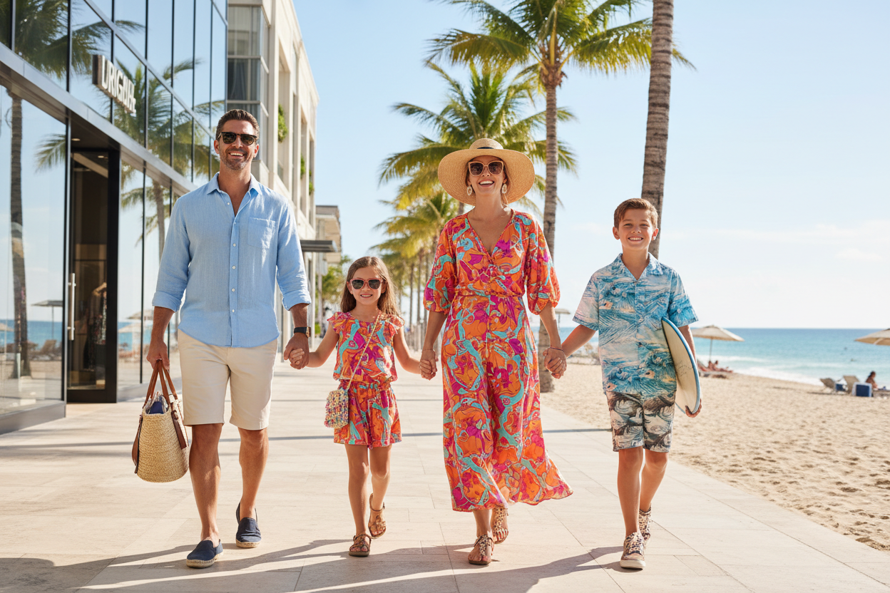 Fashionable family walking to the beach